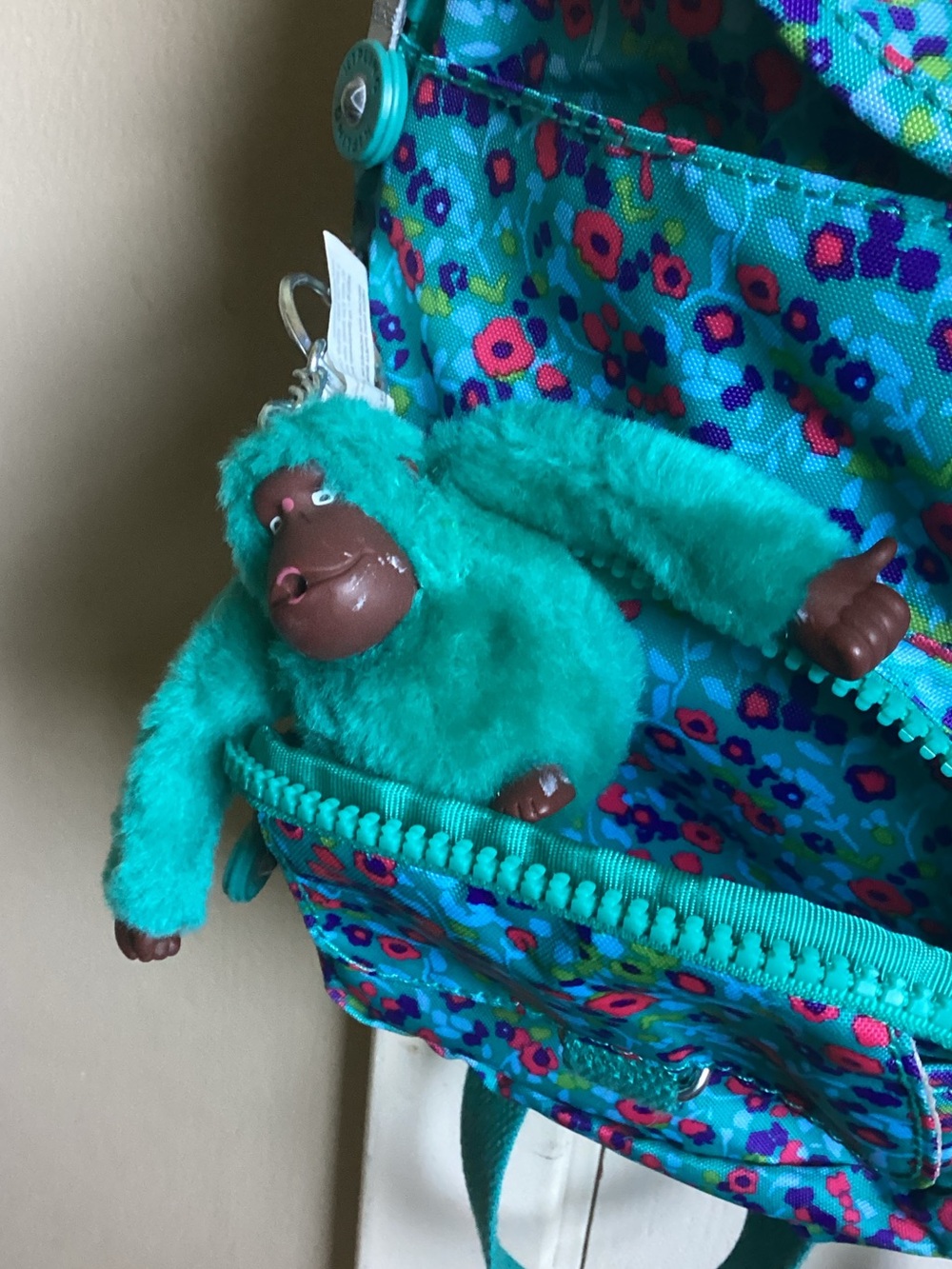 Kipling Teal Floral Kids Backpack with Monkey Keychain - Picture 2 of 2